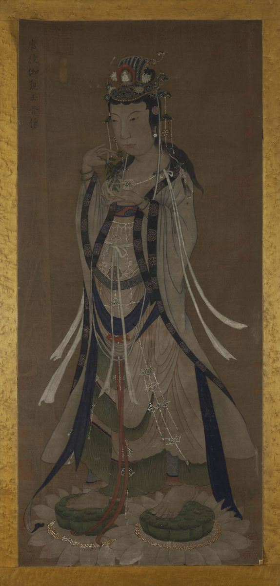 Dipinto su carta raffigurante Guanyin con iscrizione, Cina, XIX secolo