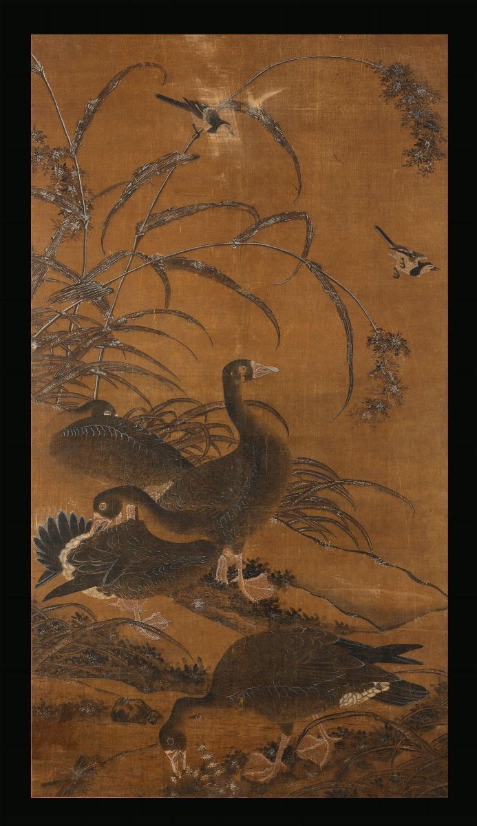 Dipinto su carta raffigurante anatre entro canneti, Cina, XIX secolo  - Asta Fine Chinese Works of Art - Cambi Casa d'Aste