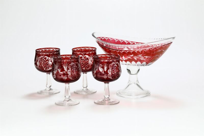 Gruppo di quattro bicchieri e coppa in cristallo di Boemia  - Auction Ceramics and Antiquities - Cambi Casa d'Aste