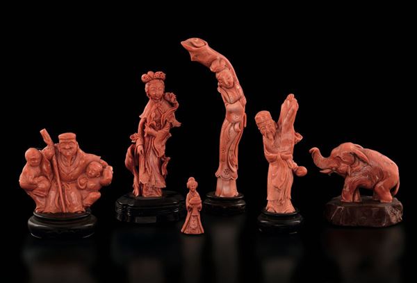 Six coral figures, China, early 1900s