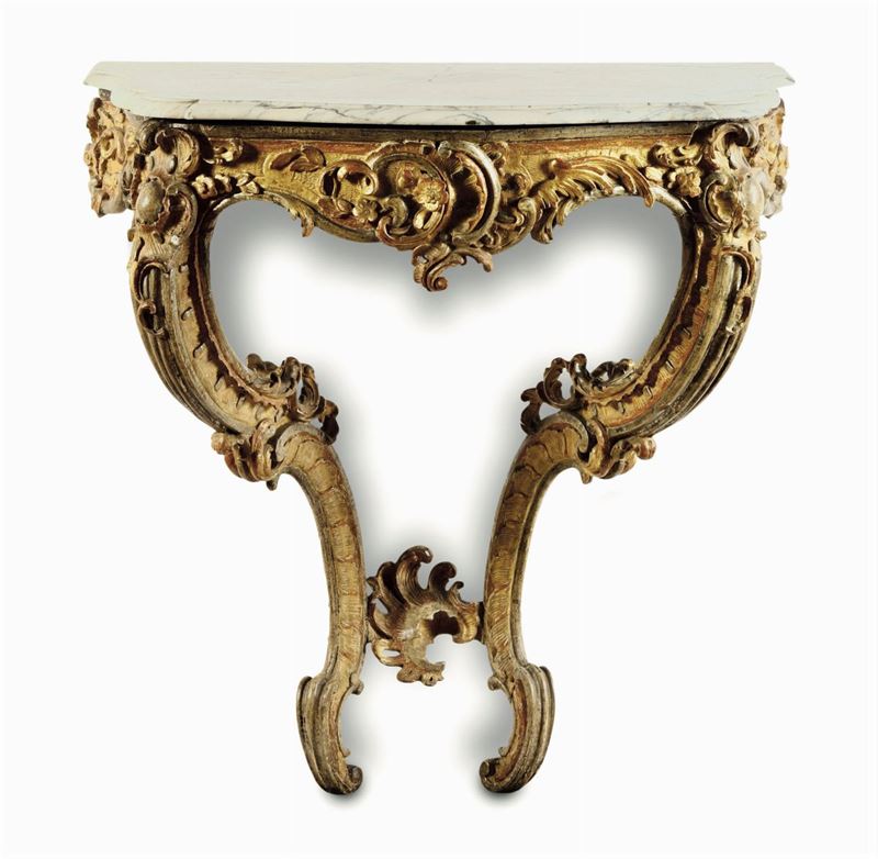 Console in legno intagliato, dorato e argentato a mecca, XVIII secolo  - Auction Fine Art - Cambi Casa d'Aste