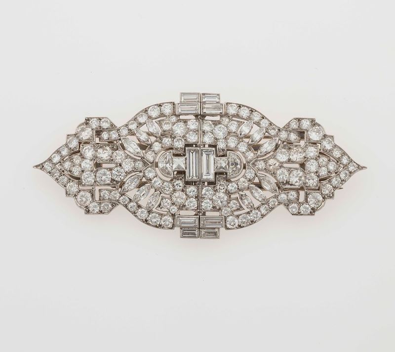 Diamond and platinum double clip-brooch  - Auction Fine Jewels - II - Cambi Casa d'Aste