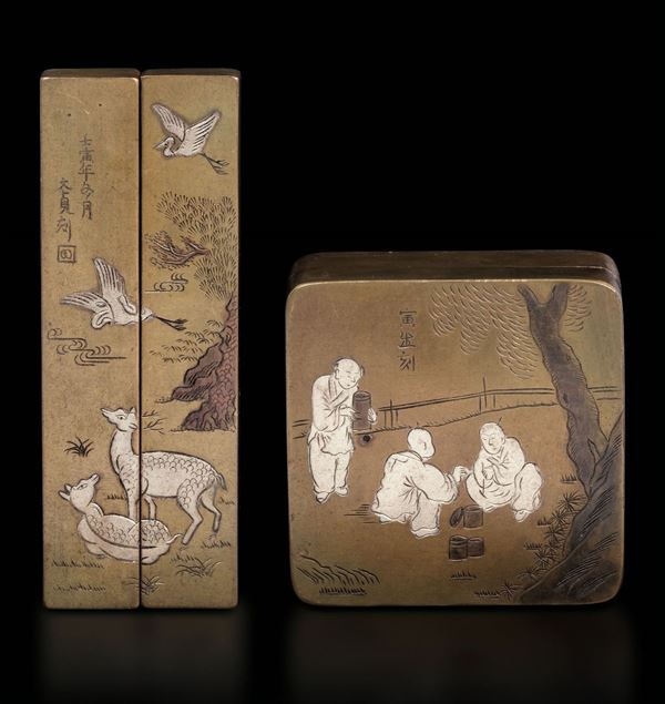 Two bronze plaques and a box, China, 1800s