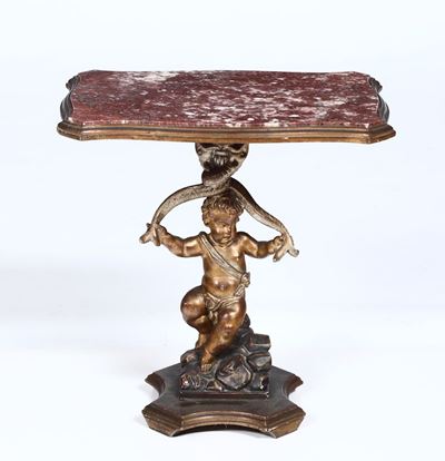 Piccolo Tavolino Intagliato con Putto Dorato, XIX-XX Secolo