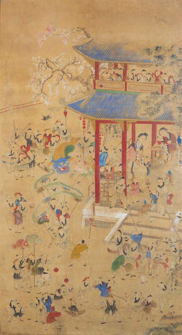 Dipinto su carta raffigurante festeggiamenti, Cina, fine XIX secolo