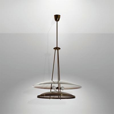 Lampada a Sospensione con Struttura in Ottone e Diffusori in Vetro.
