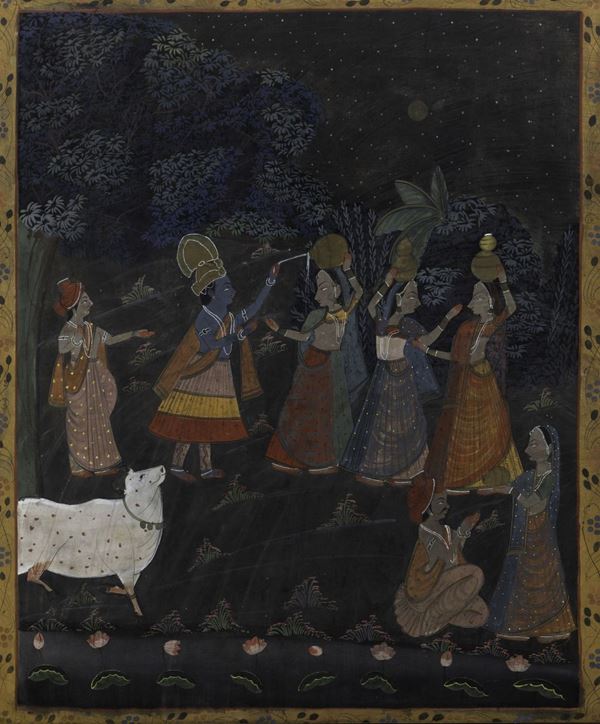 Dipinto su tela raffigurante scena rituale, India, XIX secolo