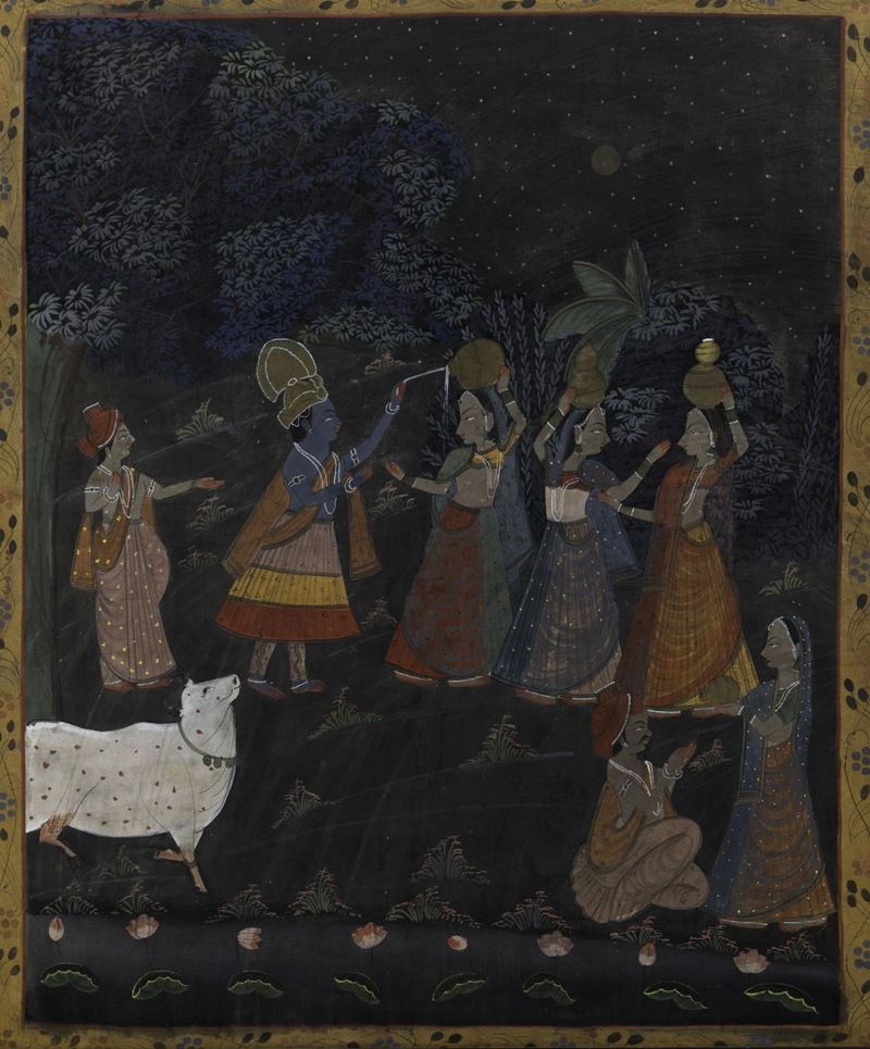 Dipinto su tela raffigurante scena rituale, India, XIX secolo  - Asta Asta a tempo Arte Orientale - Cambi Casa d'Aste