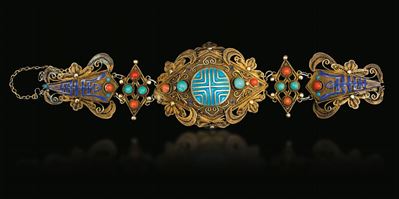 Bracciale in Filigrana D'argento Dorato con Decoro a Smalti e Inserti in Turchesi e Pietre Dure, ...