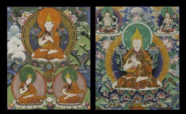 Coppia di Tangka su seta diversi con raffigurazioni di Lama, Tibet, XIX secolo