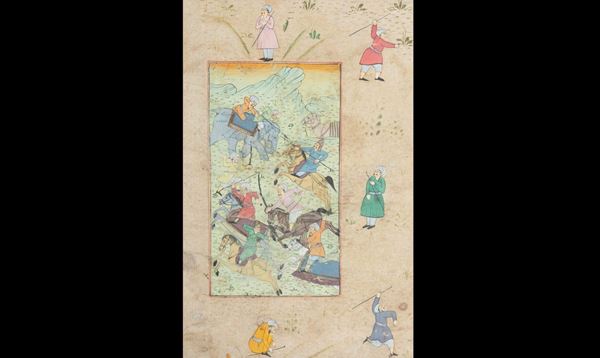 Disegno su carta raffigurante scontro tra guerrieri con cavalli ed elefanti entro cornice, India, XIX secolo