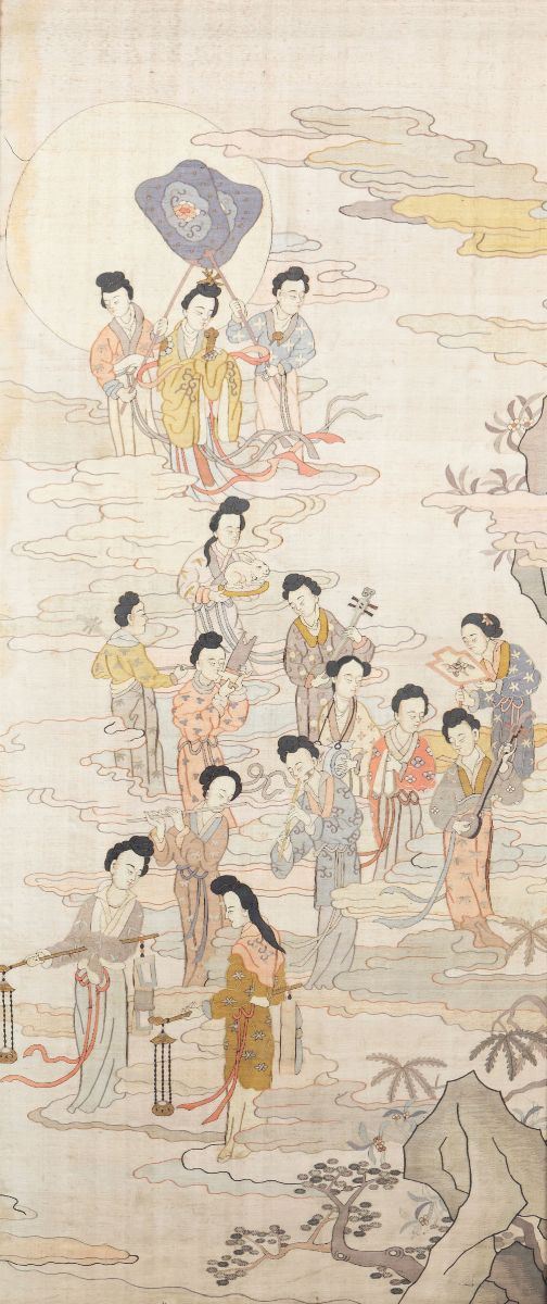 Pannello in tessuto kesi raffigurante scena di vita imperiale con figure di cortigiane, Cina, XIX secolo  - Asta Fine Chinese Works of Art - Cambi Casa d'Aste