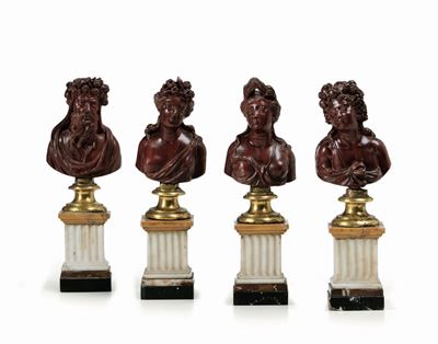 Allegorie delle Stagioni. Busti in Marmo Rosso Antico, Piede in Bronzo Fuso, Tornito e Dorato. Ba...