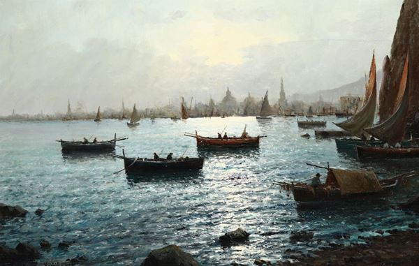 D'Auria Barche di pescatori con cittÃ  sullo sfondo
