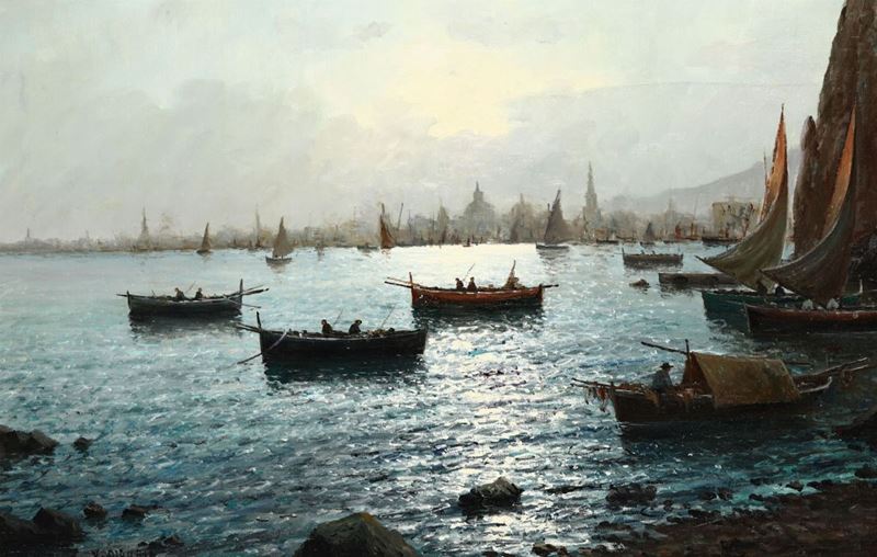 D'Auria Barche di pescatori con cittÃ  sullo sfondo  - Asta Dipinti del XIX-XX Secolo - Asta a Tempo - Cambi Casa d'Aste