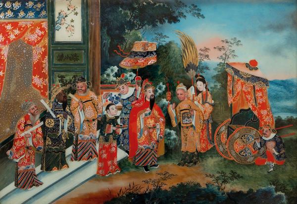 Dipinto su vetro con lumeggiature in oro raffigurante dignitari, Cina, fine XIX secolo