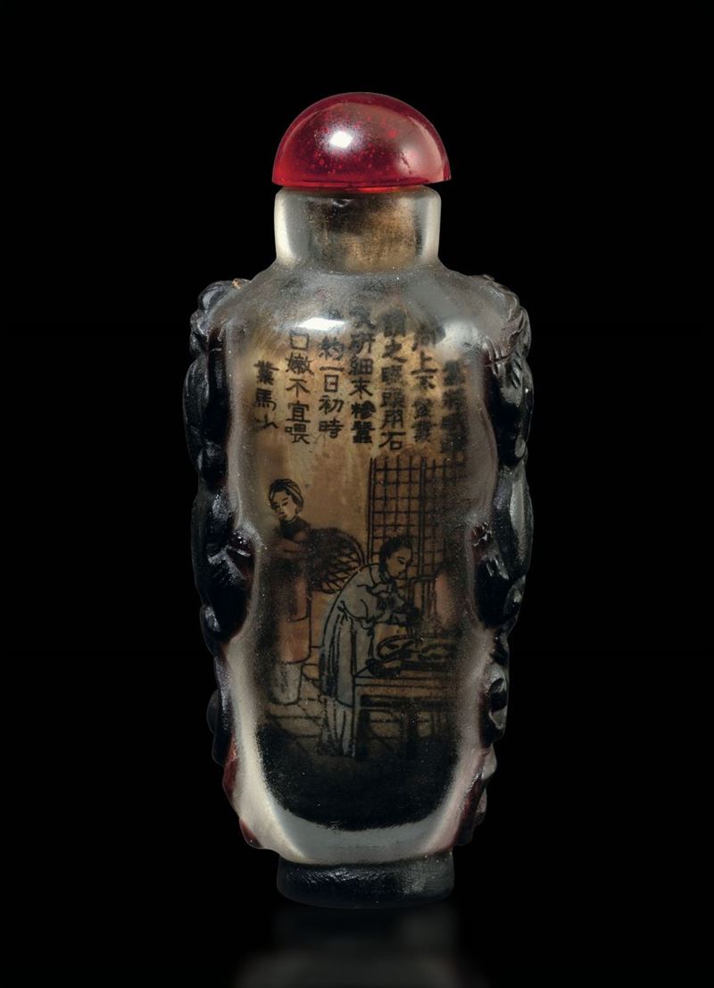 Snuff bottle in vetro con raffigurazione di vita comune e iscrizioni dipinte e decori a cammeo con figure di pantere, Cina XX secolo  - Asta Arte Orientale - Cambi Casa d'Aste
