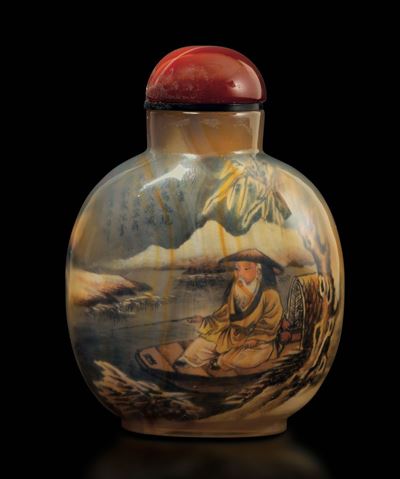 Snuff Bottle in Vetro Dipinto con Figura di Pescatore e Contadini e Iscrizioni, Cina XX Secolo