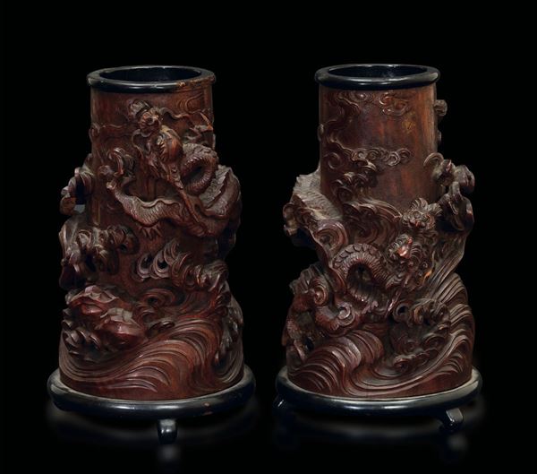 Two wooden brush holders, China, 1800s
