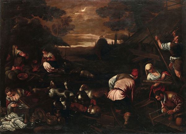 Leandro Bassano (Bassano del Grappa 1557 - Venezia 1622), attribuito a Paesaggio con donne e uomini  [..]