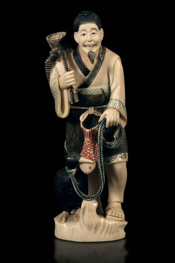 Figura di pescatore scolpita in avorio, Cina, inizi XX secolo