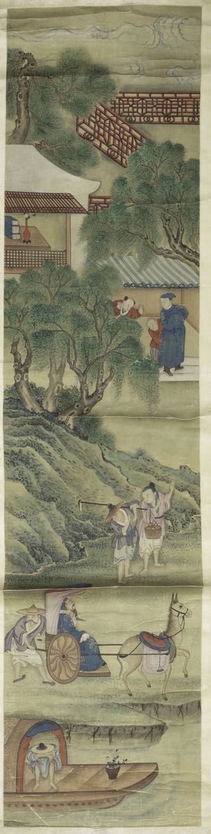 Dipinto su carta raffigurante scene di vita comune con agricoltori e imbarcazione, Cina, Dinastia Qing, XIX secolo