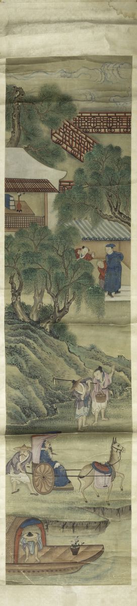 Dipinto su Carta Raffigurante Scene di Vita Comune con Agricoltori e Imbarcazione, Cina, Dinastia...