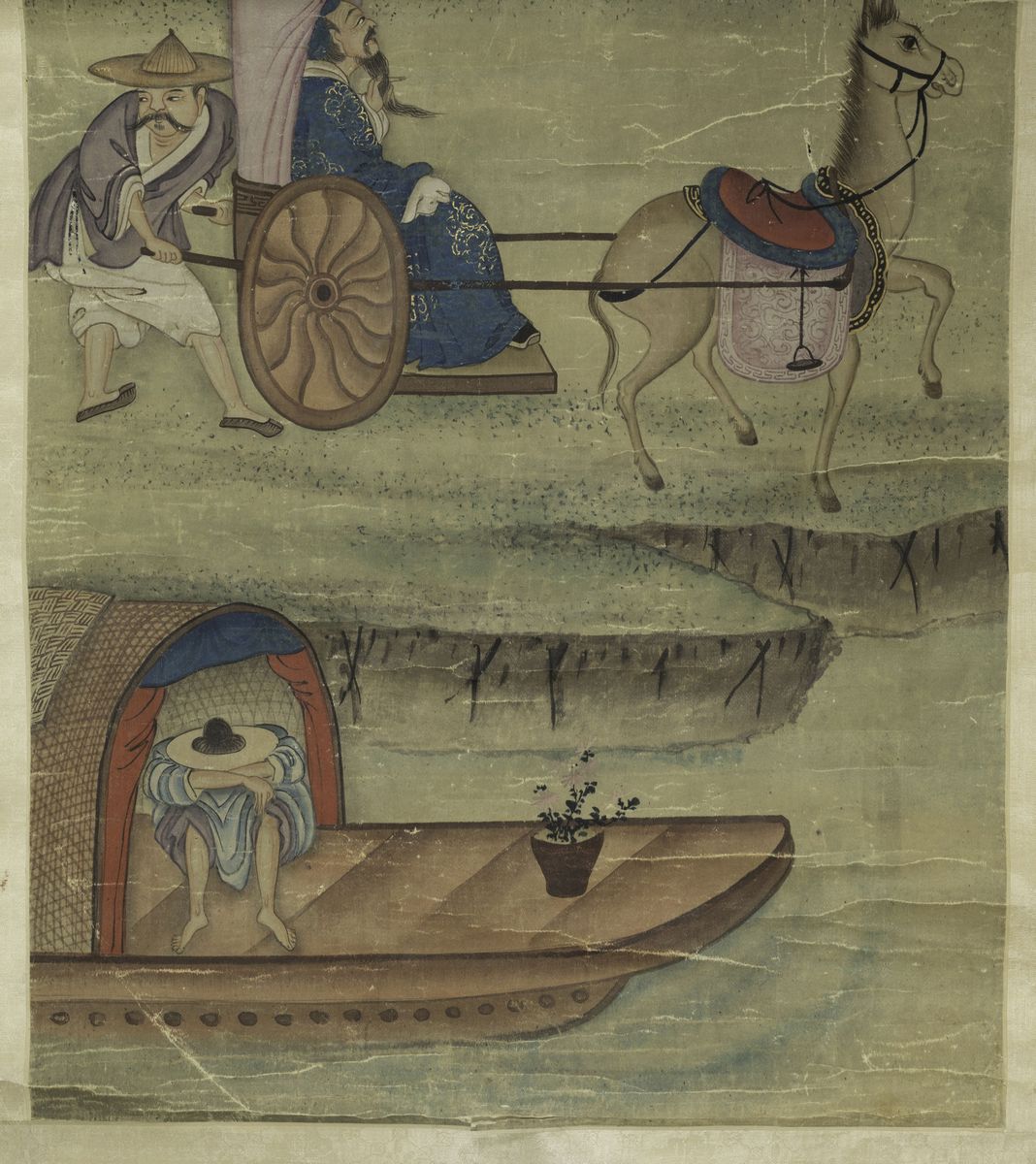 Dipinto su Carta Raffigurante Scene di Vita Comune con Agricoltori e Imbarcazione, Cina, Dinastia...