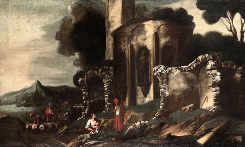 Antonio Travi detto il Sestri : Antonio Travi (1608-1665) Paesaggio con rovine  - Asta Antiquariato - Cambi Casa d'Aste