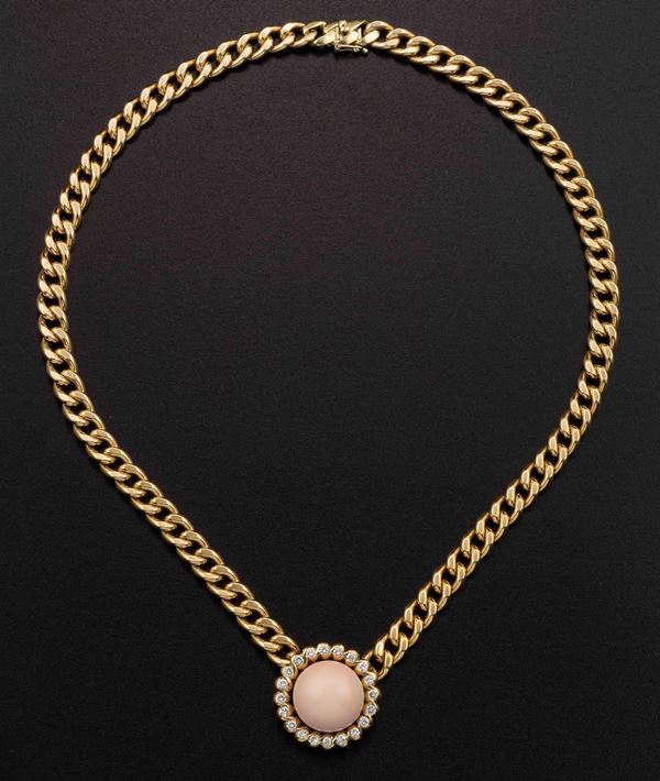 Coral, diamond and gold necklace