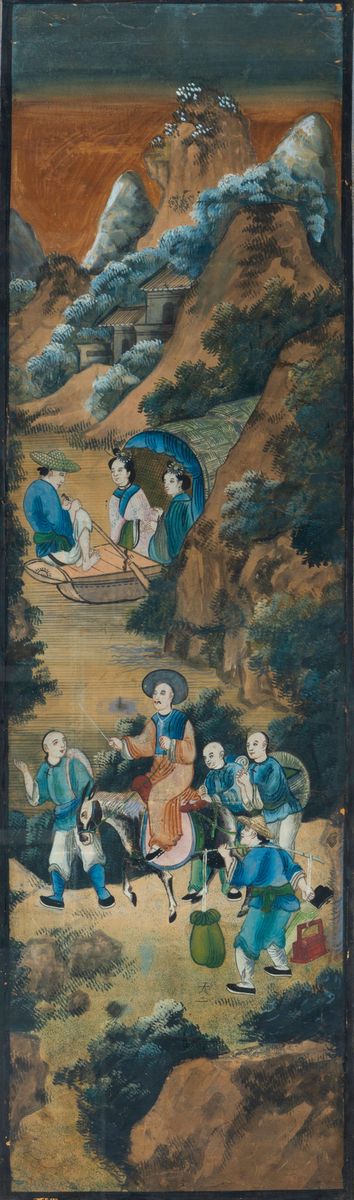 Coppia di Dipinti su Carta Raffiguranti Scene di Vita Comune Entro Paesaggio, Cina, Metà XIX Seco...