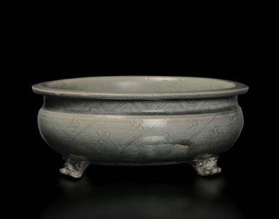 Incensiere in Porcellana Guan Color Celadon con Decoro Floreale, Cina, Dinastia Song (960-1279)