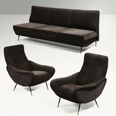 Salotto Composto da un Divano e Due Poltrone con Struttura in Legno, Sostegni in Ottone Laccato e...
