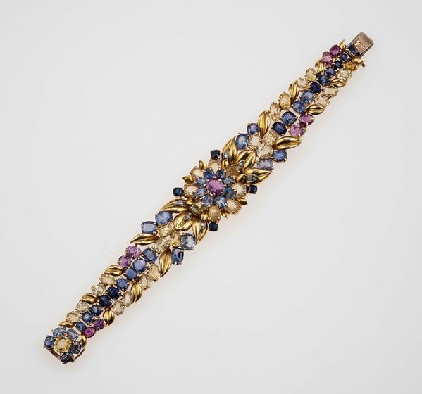 Multicolor corundum and diamond bracelet