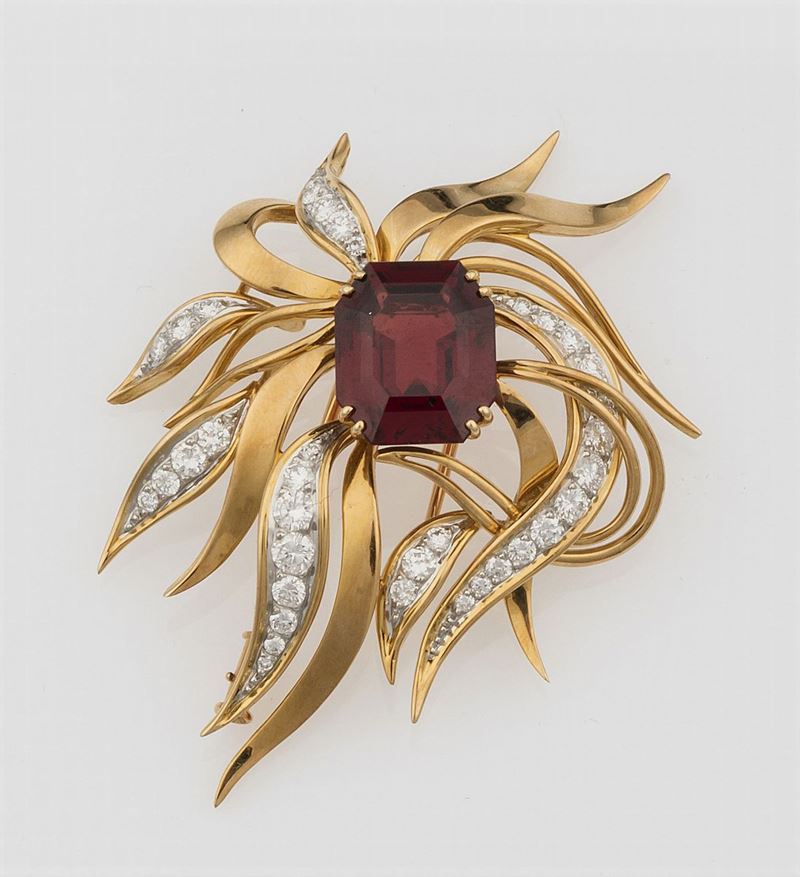 Garnet and diamond brooch  - Auction Jewels - Cambi Casa d'Aste