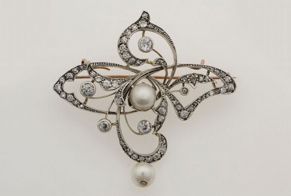 Old-cut diamond, cultured pearl and gold brooch