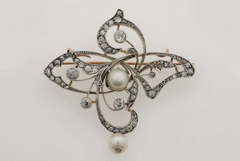 Old-cut diamond, cultured pearl and gold brooch  - Auction Jewels - Cambi Casa d'Aste