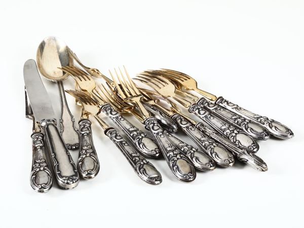 Dodici forchette in argento, argento dorato e metallo dorato, Italia XX secolo