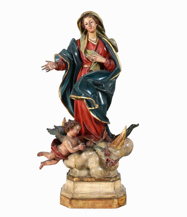 Madonna Immacolata in legno scolpito, dipinto e dorato. Genova prima metà del XVIII secolo. Scultore di ambito maraglianesco (Pietro Galleano 1687 - 1761)