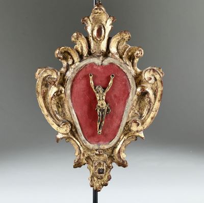 Cristo in Bronzo in Cornice Dorata, Arte Barocca del XVIII Secolo