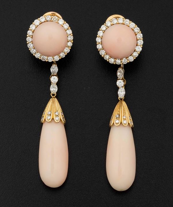 Pair of coral and diamond pendent earrings
