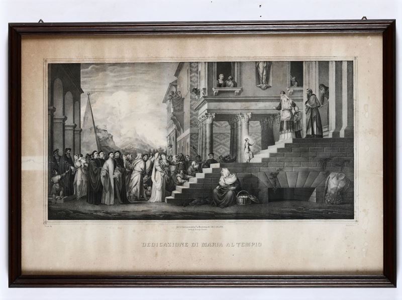 Incisione raffigurante la dedicazione di Maria al Tempio, XIX secolo  - Asta Pittura - Cambi Casa d'Aste