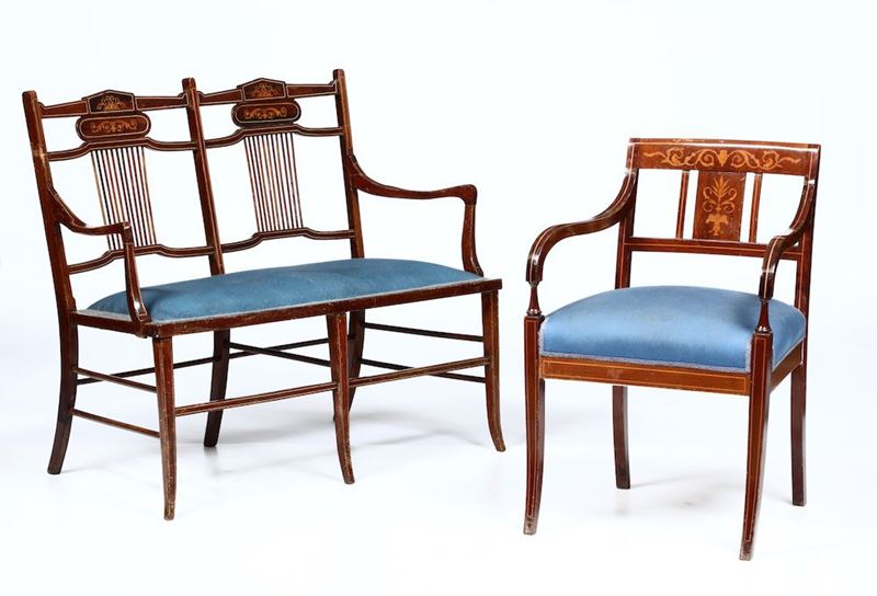 Divano e poltrona in legno intarsiato, XIX secolo  - Auction Furniture - Cambi Casa d'Aste