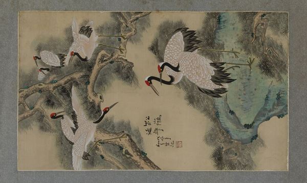 Dipinto su seta raffigurante aironi entro paesaggio e iscrizione, Cina, inizi XX secolo
