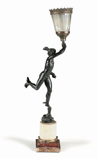 Mercurio in Bronzo Fuso, Cesellato e Patinato con Base in Marmi Colorati e Bronzo Dorato, Arte Ne...