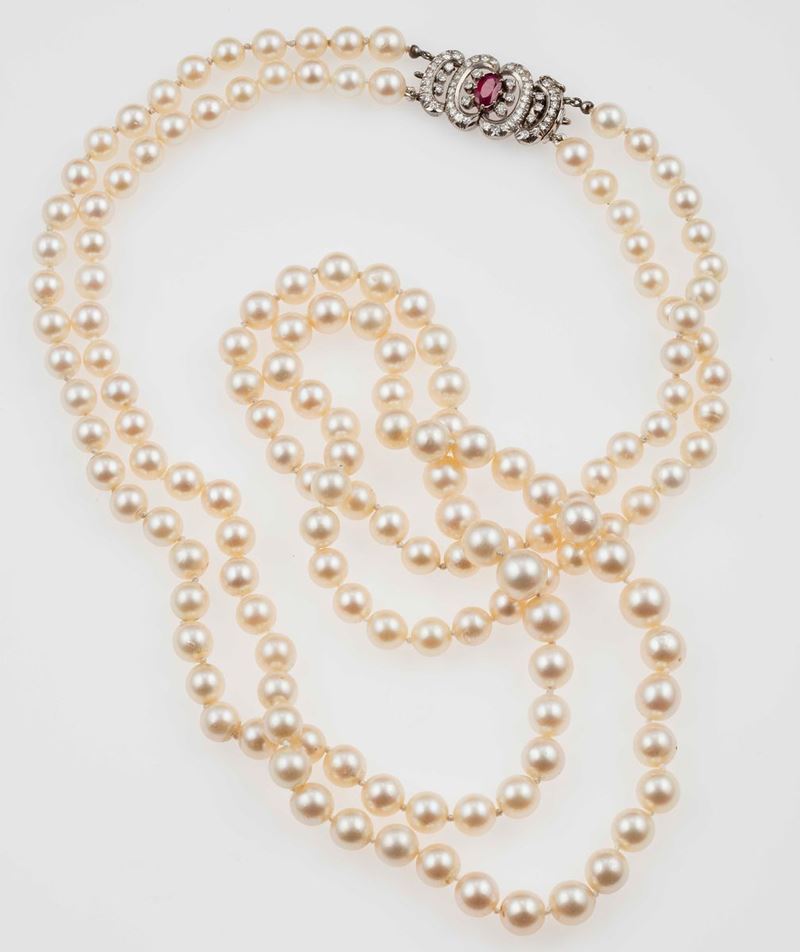Cultured pearl, diamond and ruby necklace  - Auction Fine Jewels - II - Cambi Casa d'Aste