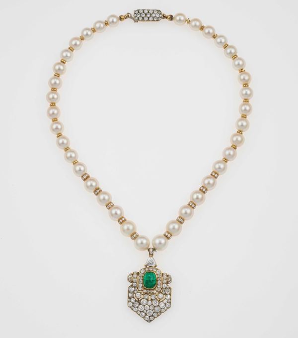 Cultured pearl, diamond, emerald and gold necklace