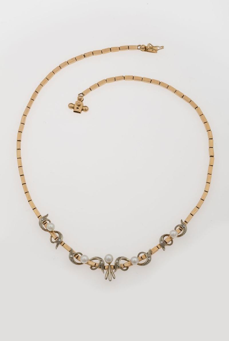 Cultured pearl, diamond and gold necklace  - Auction Jewels - Cambi Casa d'Aste