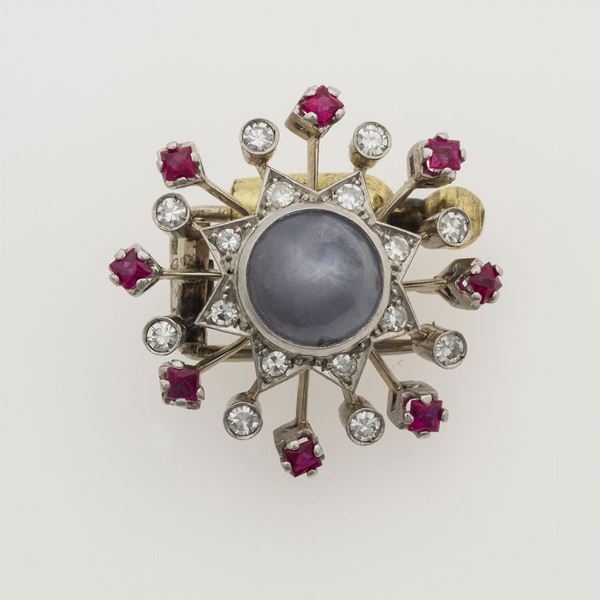 Sapphire, ruby and diamond clip brooch
