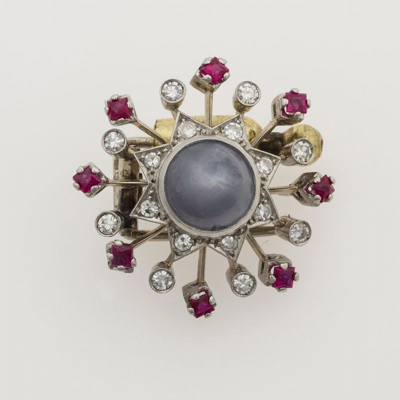 Sapphire, ruby and diamond clip brooch  - Auction Timed Auction Jewels - Cambi Casa d'Aste